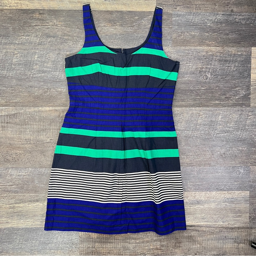 Loft blue and green striped sleeveless shift dress size 10 B48